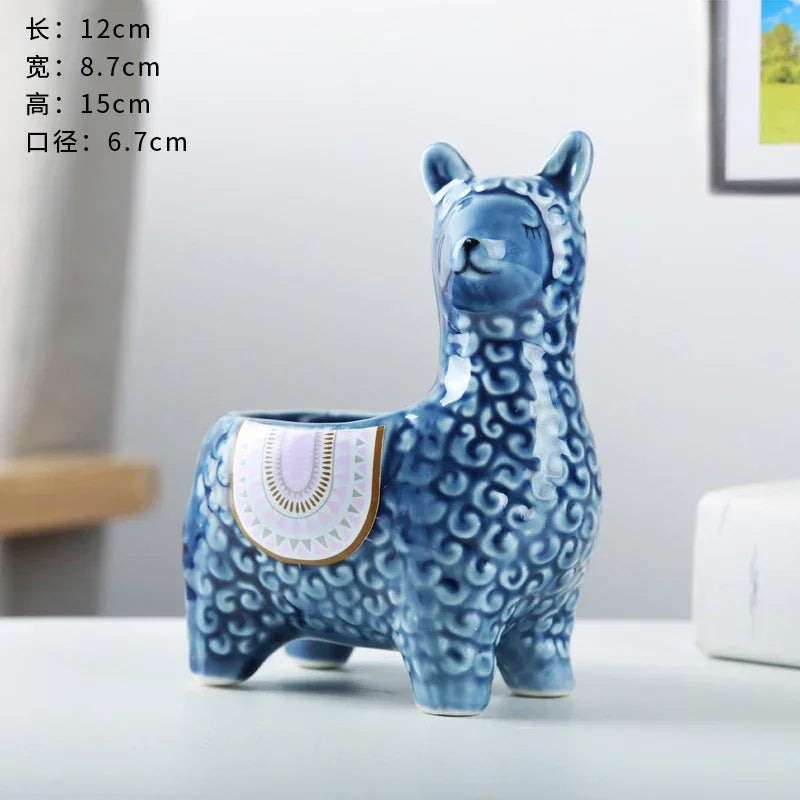 No-EN-Name-Null Home Garden Unglazed Ceramic Blue Cute Cartoon Alpaca-Owls Animal Mini Succulent Desktop Flower Pots Planters /Colors-Red/White/Blue/Gold/Animals