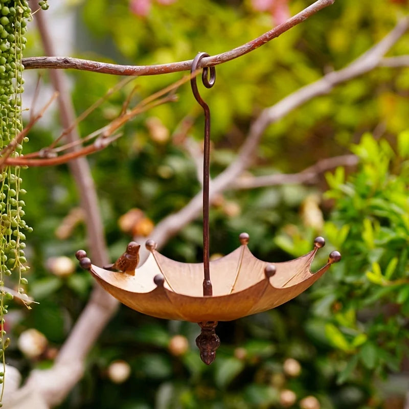 No-EN-Name-Null Modern Art Outdoor Garden Antique Hanging Upside Down Umbrella Shaped Brown Iron Metal Bird Food Tray Bowl-Bird Feeders/ Colors-Brown/Bronze/Silver/Black
