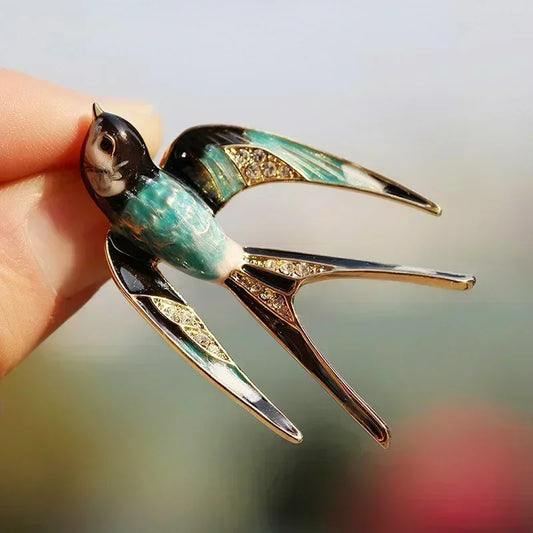 MIHJUSFDH Adults Korean Ethnic Imitation Aluminum Metal Alloy Blue-Black Rhinestone Swallow Bird Enamel Craft Design Brooch Lapel Pins