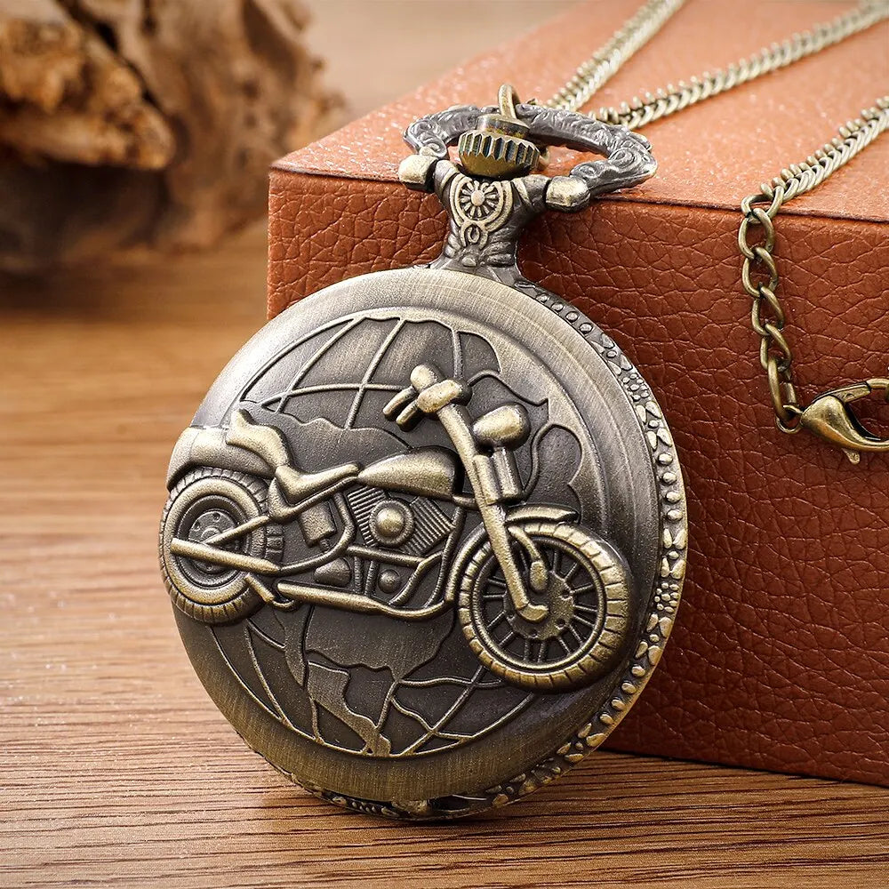 No-EN-Name-Null Adults Waterproof Antique Quartz Analog Display Bronze Round Shaped Metal Alloy Case Glass Face Engraved World Globe Behind Motorcycle Design Chain-Pocket Watches