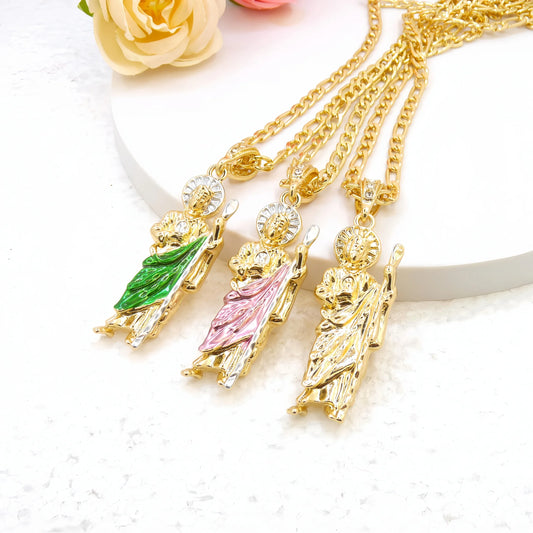 Adults-Teens 14K Gold-Plated Copper Metal Catholicism Religious Style Figaro Chain Saint Jude Pendant Necklaces/Colors-Gold/Green/Pink/White/Multicolor