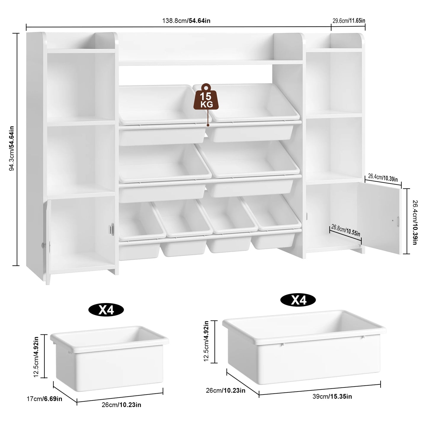 NULL Babies-Kids White-Pink Wood Two Doors-Bookcases-Removable Plastic Bins-Nine Shelves Toy Chest Storage Cabinets /Sizes: 138x29x94 cm/Assembly Required/Storage Options