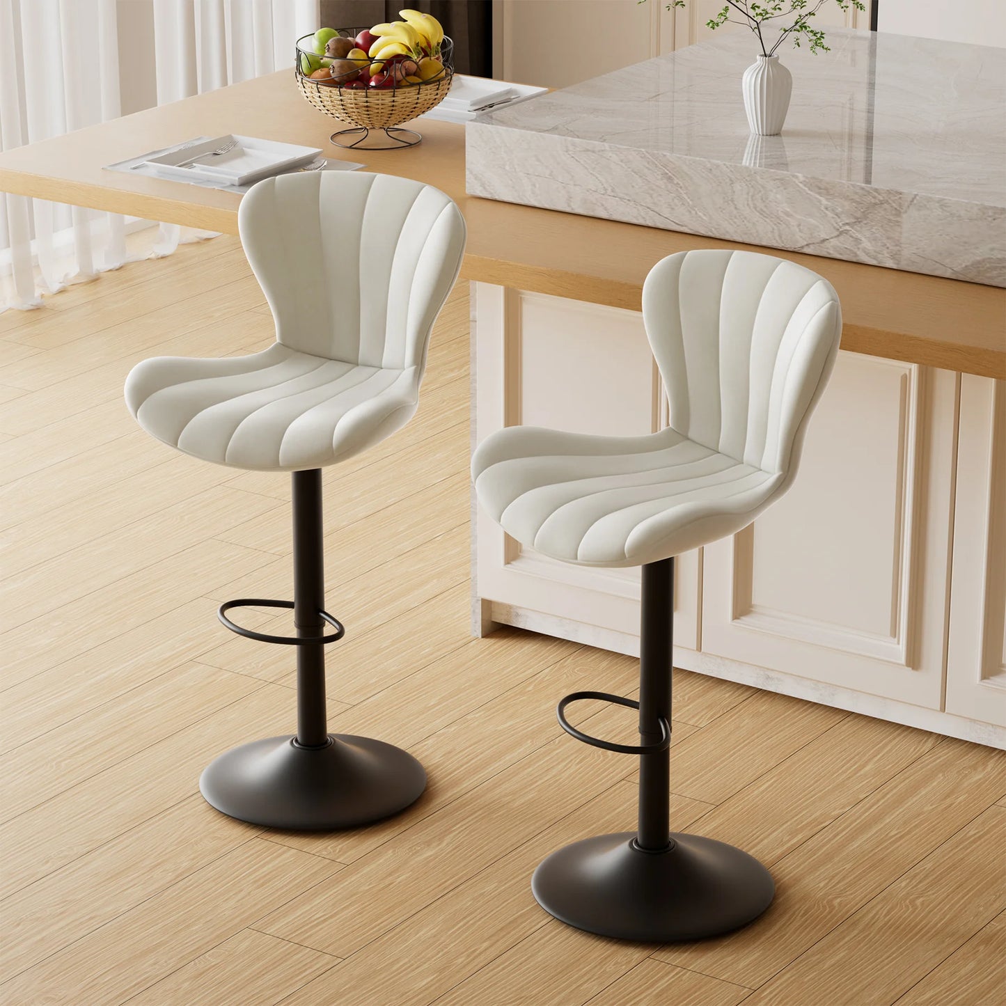 No-EN-Name-Null 2 PCS Waterproof Low Backrest Armless Upholstered Padded Shell Shaped Soft Faux Leather Fabric Seat Cushion Black Metal Round Base-Footrest Bar Kitchen-Dining Room Chair Sets /Colors-White/Beige/Gray/Black/Brown