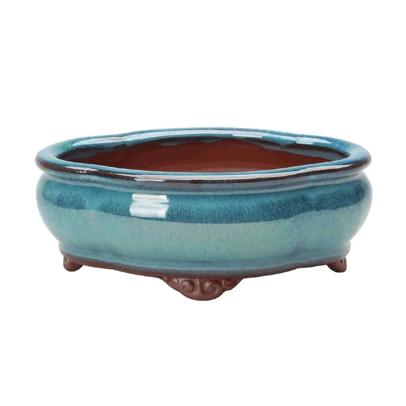No-EN-Name-Null Home Garden Glazed Ceramic Rectangle Shaped Chinese Bonsai Desktop Flower Pots /Colors-Brown/Blue/Purple/5 Drip Holes