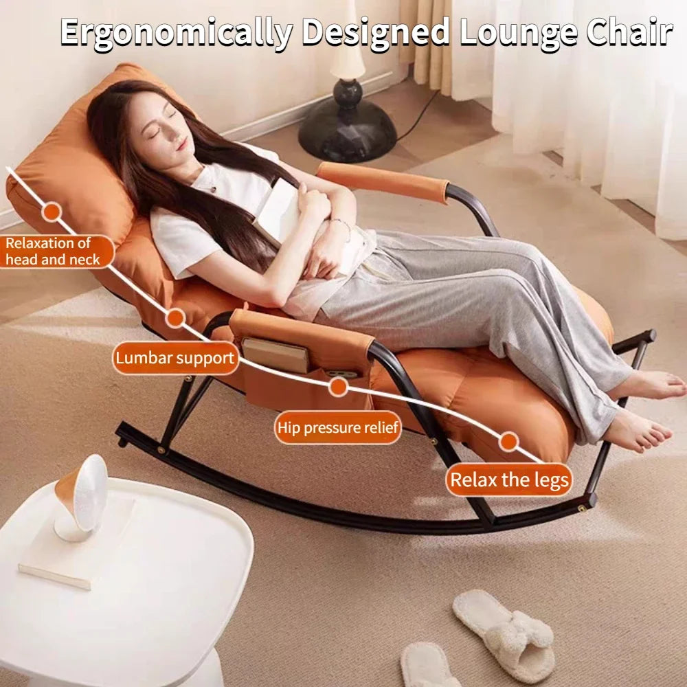 No-EN-Name-Null Modern Indoor-Outdoor Waterproof Five Gears Height Adjustments Linen-Velvet Soft Faux Leather Fabric Anti-Tipping Foldable Reclining Lazy Black Metal Frame Rocking Chairs/Colors-Beige/Orange/Gray/Side Pockets