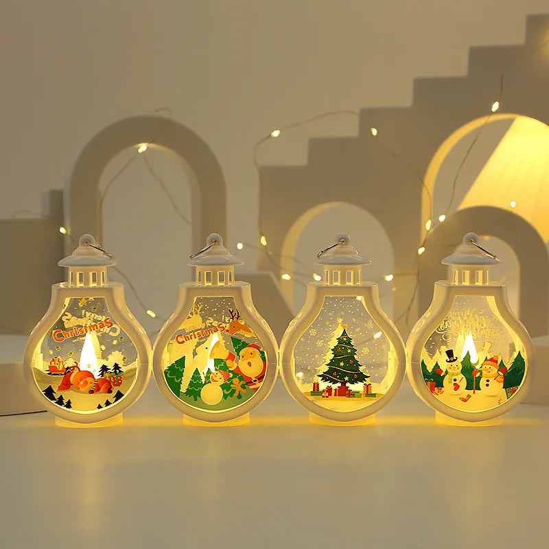 No-EN-Name-Null Festive Holiday Portable Warm White LED Electronic Components White Cap-Bottle Shaped Design Cute Cartoon Christmas Scenes-Santa Claus-Snowman-Reindeer Theme Hanging-Tabletop Wind-Proof Night Lights/ 3 AG10 Button Batteries