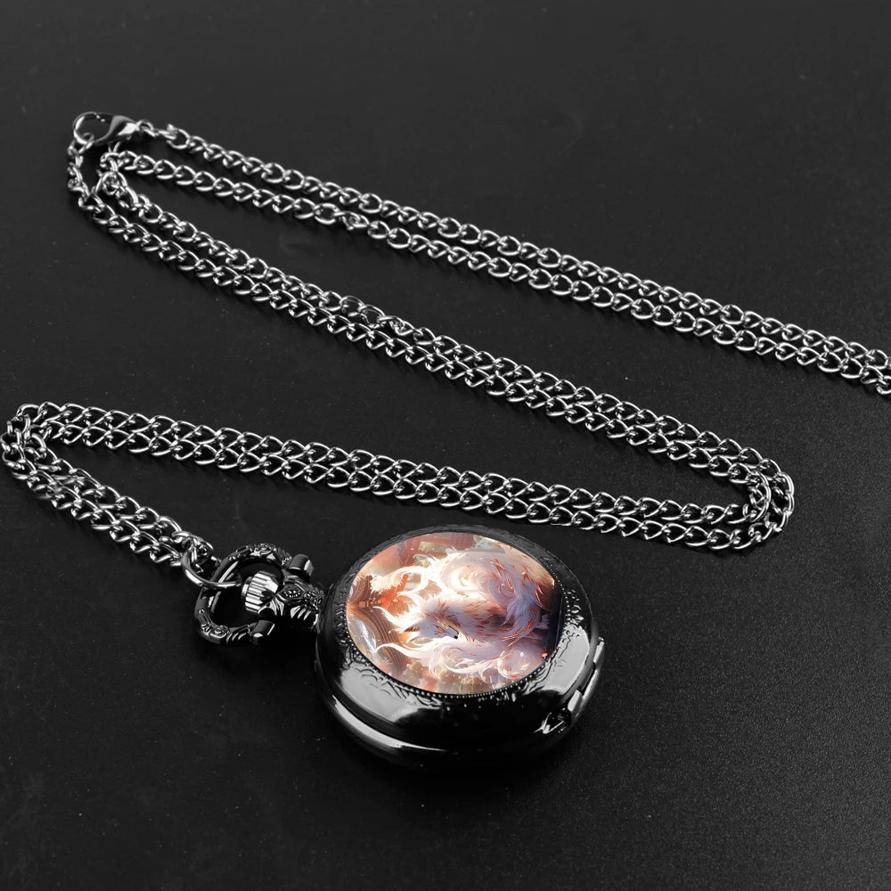 No-EN-Name-Null Adults Unisex Quartz Black Antique Round Shaped Creative Cartoon Nine-Tailed Fox Analog Display Arabic Numerals Black Necklace Chain-Pocket Watches/ Colors-Golden/Bronze/Silvery/Black