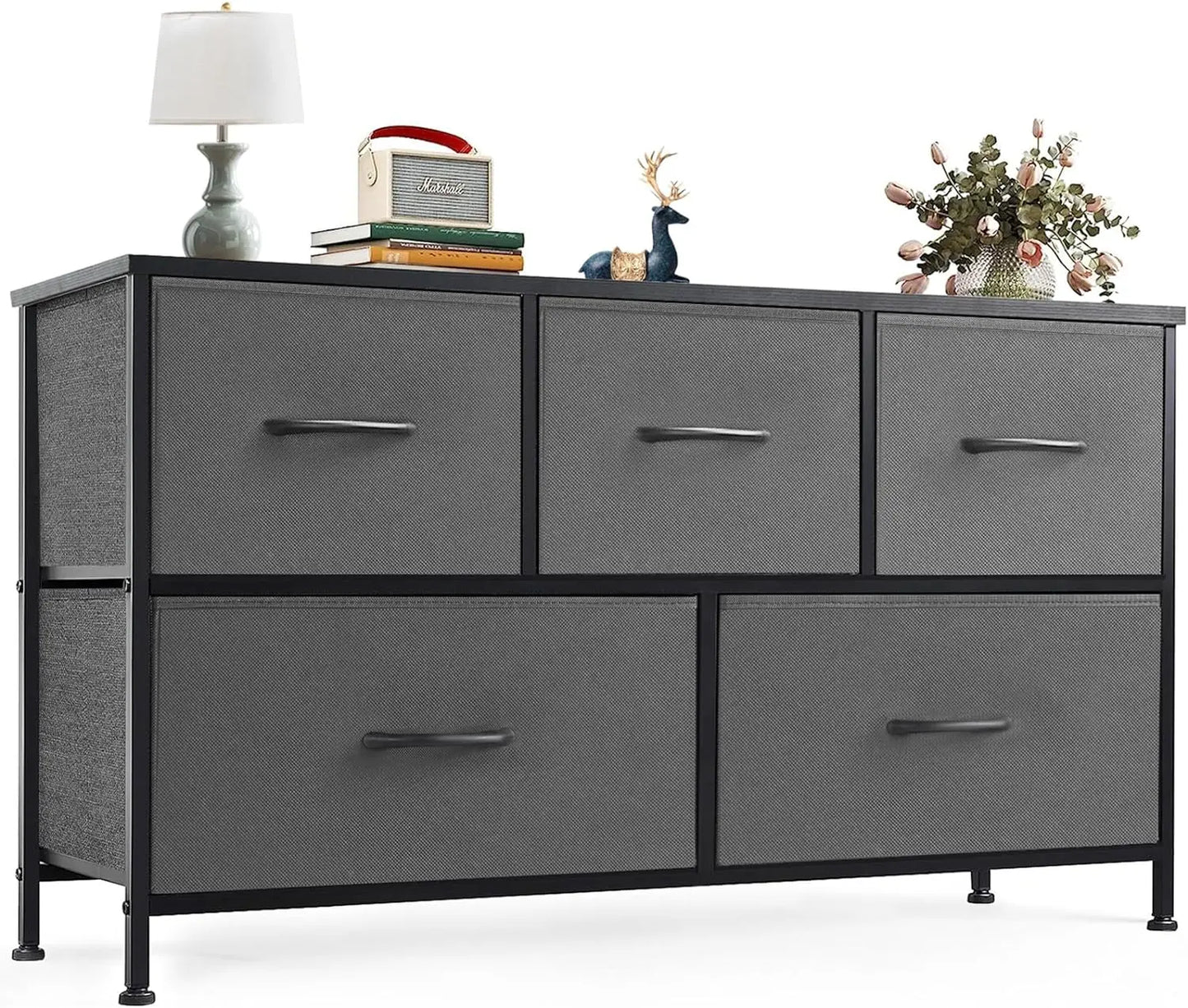 RUO WU Kids Small Rectangle Shaped Black Modern Wood Anti-Tilting Steel Frame Unfinished Adjustable Feet Dressers/5 Fabric Drawers/Plastic Handles/Colors-Black/Brown/Gray/White/Cross Support Bars