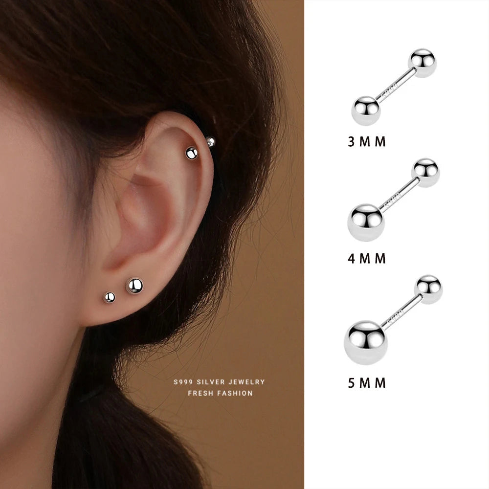 INZATT Real 925 Sterling Silve 3/4/5mm Bead Screw Mini Stud Earrings for Women Classic Fine Jewelry Ear Bones Accessories