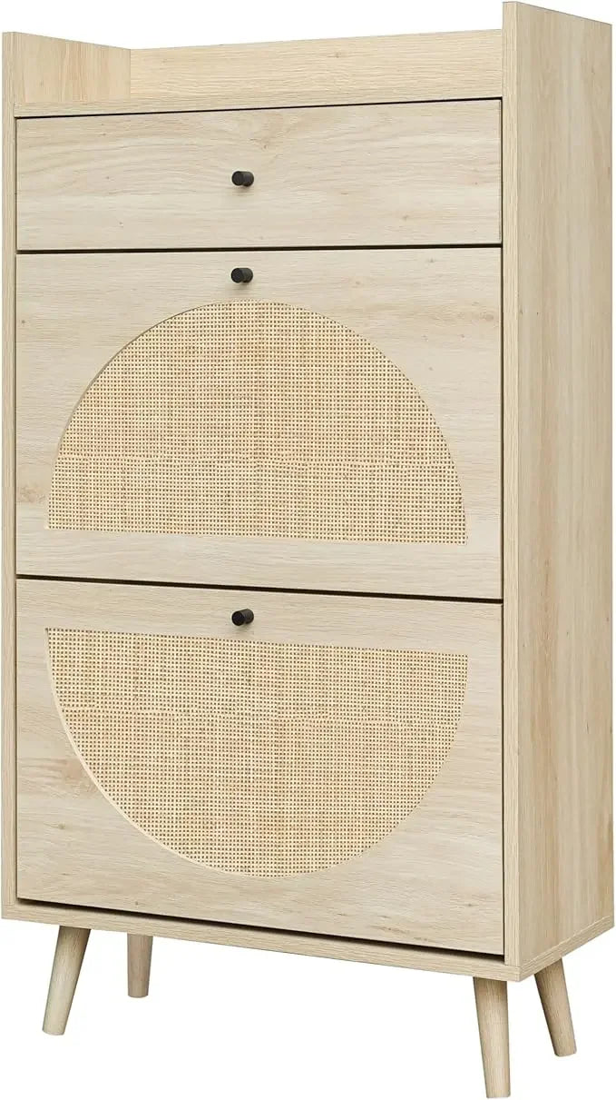 ANGDUO Indoor Beige-Black Natural Rattan 3 Tiers Flip-Out Drawers Free Standing Four Black Metal Feet Shoe Organizers/Product Dimension:9.45"D x 23.6"W x 48.9"H/ Product Weight:41lbs/Assembly Required/Storage Options Also