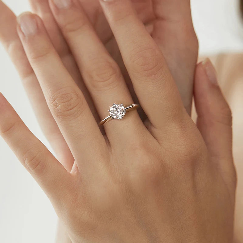 STYLEVER Adult Women Cute Romantic Round Sterling Silver Metal Clear White Prong Setting Diamond Moissanite Stone Solitaire Band Fine Size 6 Rings/Colors-Silver/White/Clear