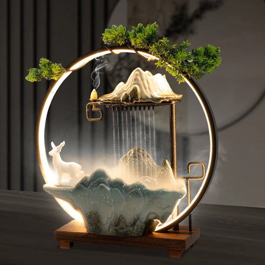 Wood Indoor Round Shaped Bracket Tabletop LED Lighted Ceramic Male Buck Deer Pine Trees Rocky Mountain Misty Waterfall Fountain/Colors-Brown/Green/White/Black