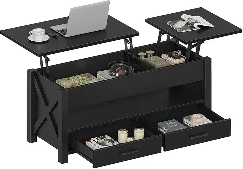 No-EN-Name-Null SEVEN TABLE Black Rectangle Lift Up Tops Hidden Compartment Two Storage Drawers Coffee Tables/ Colors-Black/Rustic Brown/Gray/Espresso