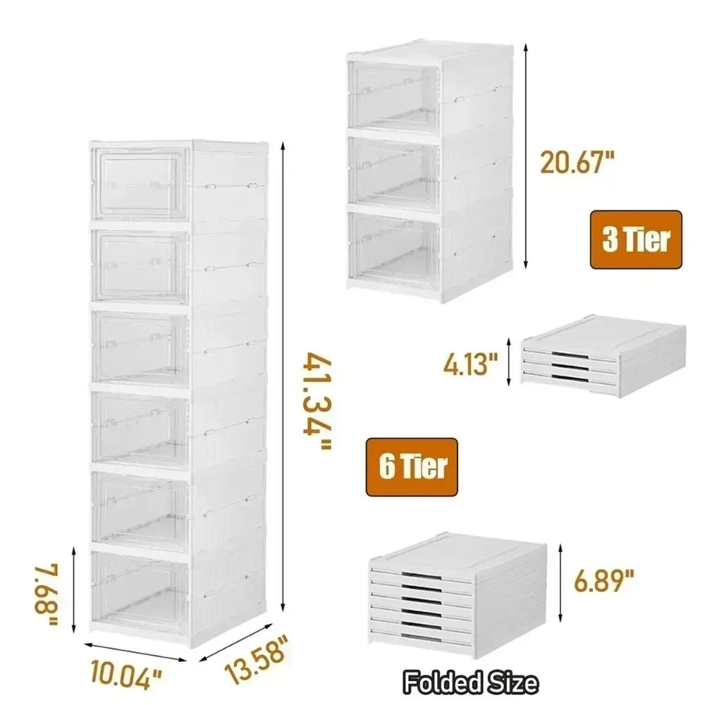 No-EN-Name-Null Modern 1-6 Tiers White Plastic Free-Standing Foldable Stackable Adjustable Transparent Clear Doors Integrated Shoe Racks/Storage Options