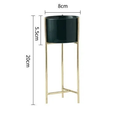No-EN-Name-Null Indoor White Ceramic-Enamel Pot-Nordic Black Wrought Iron Metal Frame Base Round Shaped Flowerpots Planters /Colors-Gold/Green/White/Black