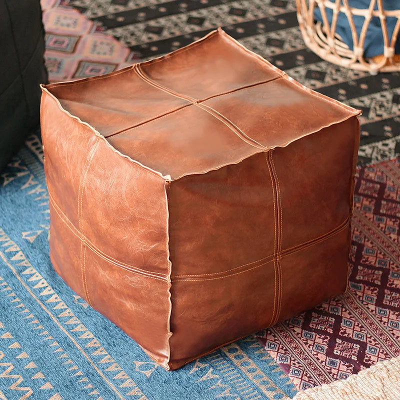 No-EN-Name-Null Modern Moroccan Square Cotton-Polyester-Feathers Fillers Synthetic Faux Leather Upholstery Removable Ottoman Pouf COVERS /Colors-Brown/Green/Gray/Blue/Geometric