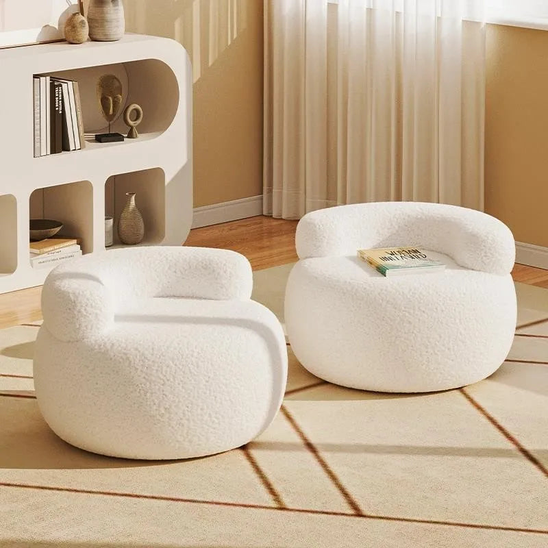 MLING Kids Modern Free-Standing Small Pink Round Shaped Low Curved C-Shaped Backrest Soft Comfortable Upholstered Padded Lamb Wool Fleece Fabric Cushions Solid Wood Frame Wear-Resistant Foot Pad Sofa Stool Ottomans/ Colors-White/Pink/Gray/Black