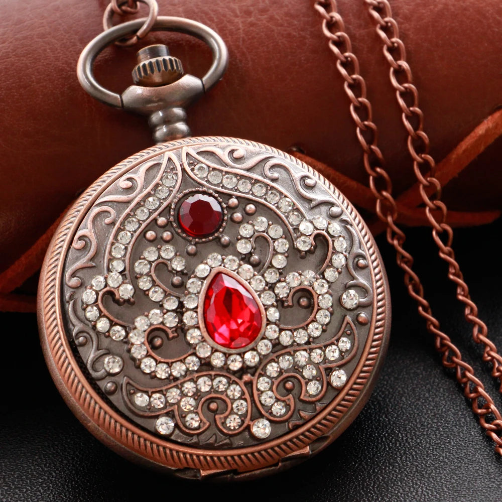 SHUHANG Adults Quartz Analog-Digital Display Gold-Red Ruby Stones On Front-Floral Design On Back Round Shaped Stainless Steel Metal Case Hardlex Face Necklace Chain-Pocket Watches