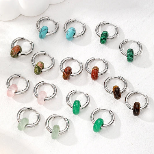 DAYOFF Adult Women Fine Imitation Silver Stainless Steel Metal Natural Green Stones Earrings/Colors-Green/Blue/Multicolor/Silver
