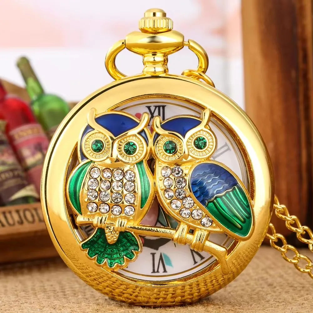 No-EN-Name-Null Adults Antique Quartz Plastic Face Analog-Digital Display Roman Numeral Gold-Brown Round Metal Alloy Case Hollow-Out White Crystal Diamond-Green Studded Two Owls Lovers On The Front-Floral Back Chain-Pocket Watches