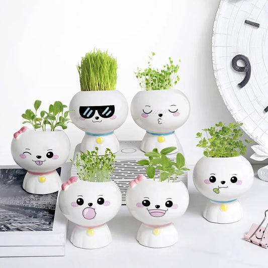 No-EN-Name-Null Indoor Mini Unglazed Ceramic White Cute Cartoon Doll Face Design Desktop Succulent Flower Pots Planters /Colors-White/Black/Yellow/Pink/Green