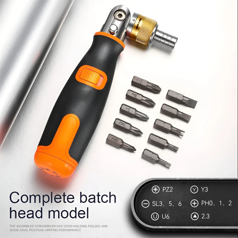 KRIOCY 10-In-1 Multifunctional Orange-Black Plastic Non-Slip Handle Double-Headed Insulated Dismountable Silver Chrome Plated Vanadium Steel Twistable Corner Multi-Angle Ratchet Magnetic Screwdrivers/Colors-Black/Gold/Silver/Orange/Multicolor