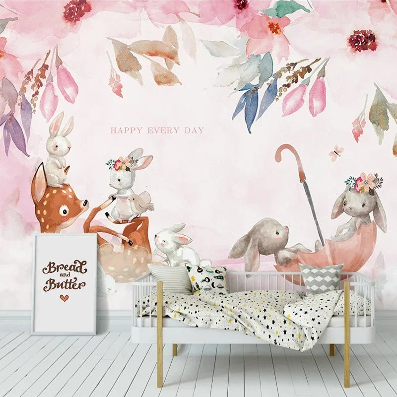 JIADOU Modern Kids Waterproof Canvas Customized 3D Cartoon Baby Deer-Rabbits In A Umbrella Self-Adhesive Photo Print Peel-Stick Mural Wallpaper/Requires Paste/Peel-N-Stick/Requires Paste