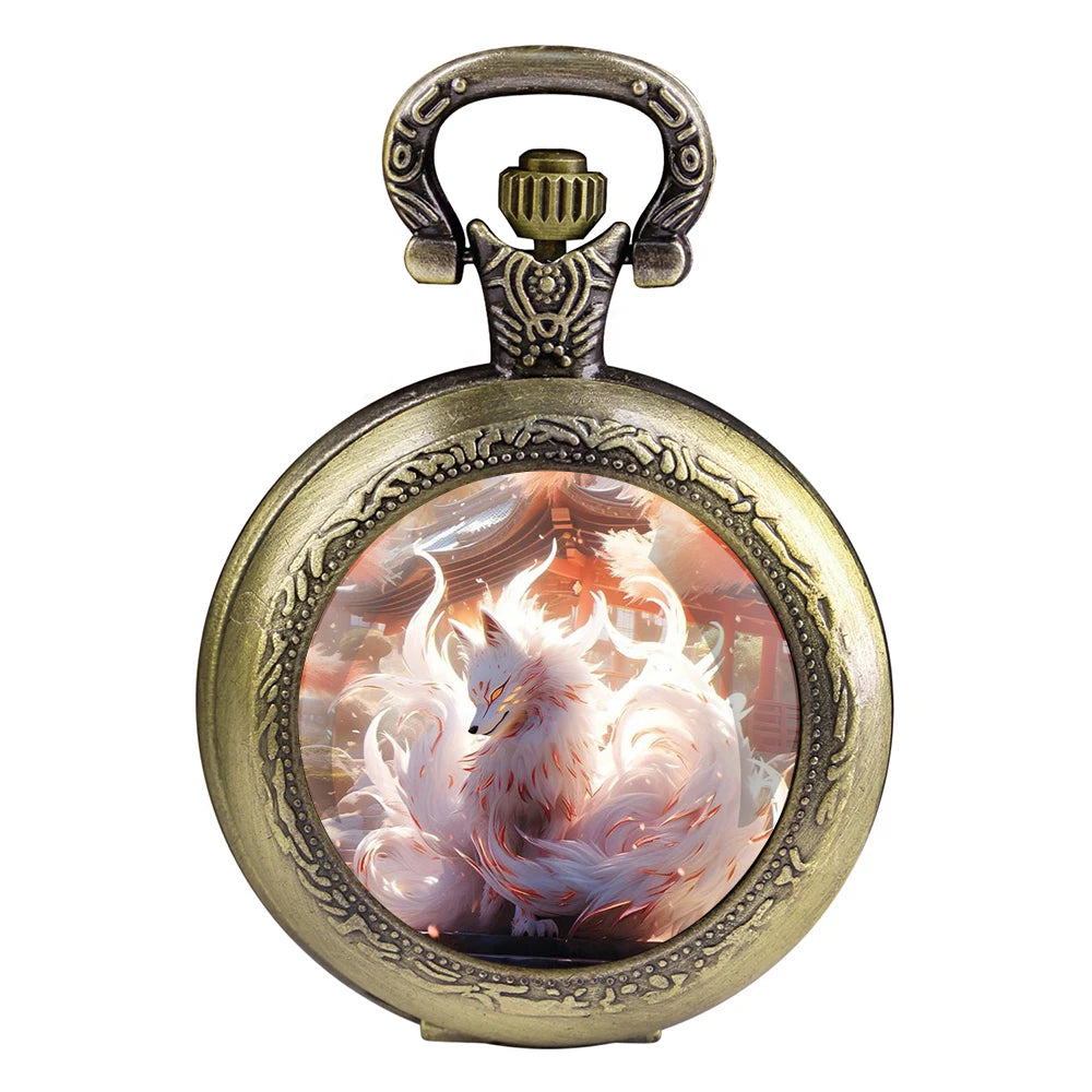 No-EN-Name-Null Adults Unisex Quartz Black Antique Round Shaped Creative Cartoon Nine-Tailed Fox Analog Display Arabic Numerals Black Necklace Chain-Pocket Watches/ Colors-Golden/Bronze/Silvery/Black