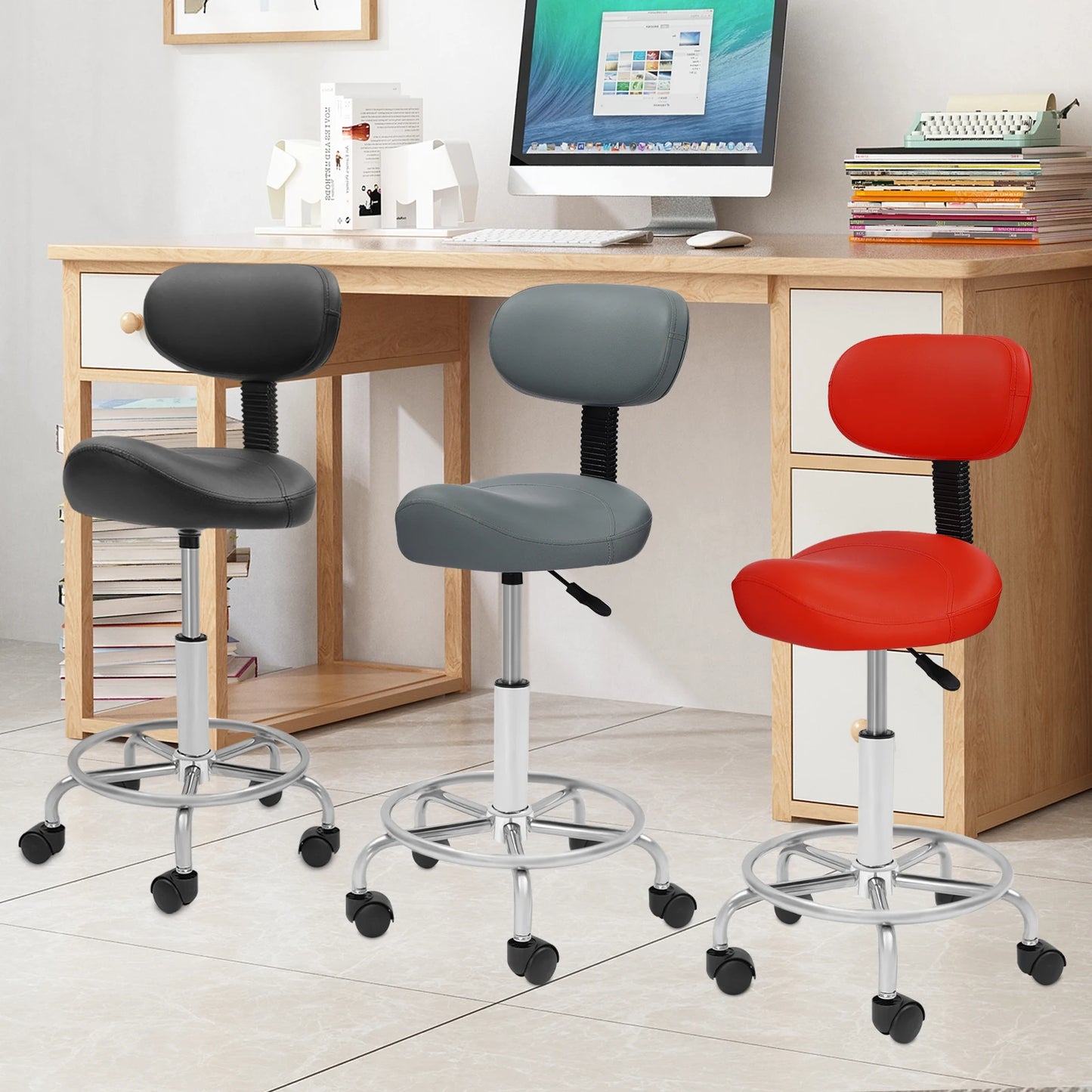 Faux Leather Adjustable Bar Backrest Stool / Colors- Red/ Black/ Grey