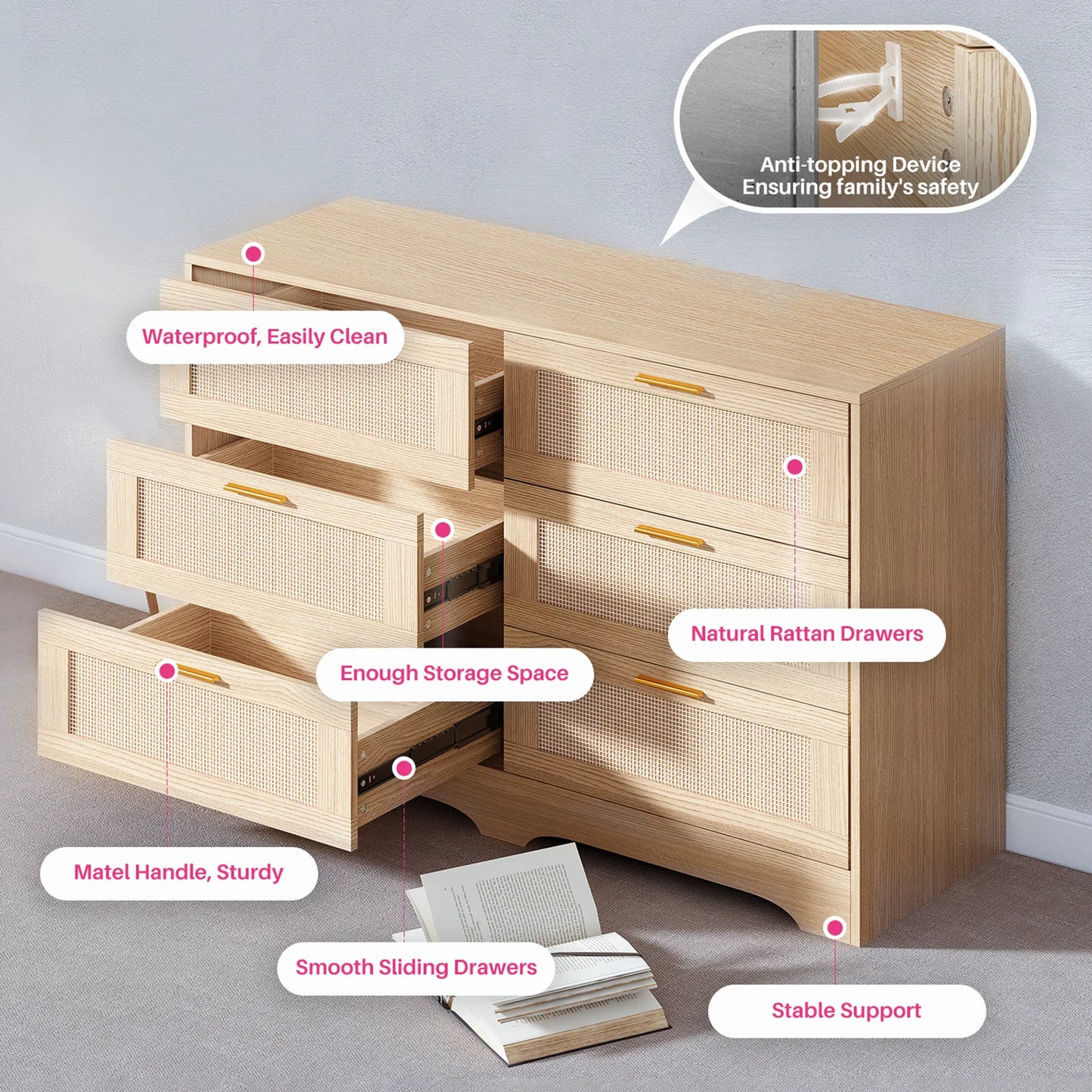 No-EN-Name-Null  Modern Countryside Brown Rectangle Waterproof Scratch-Resistant Six Drawers Decorative Gold Handles Integrated Table Legs Rattan Wicker MDF Wood Dressers/Colors-Red/Beige/Brown/White/Size: 39.37X15.75X30.37inch