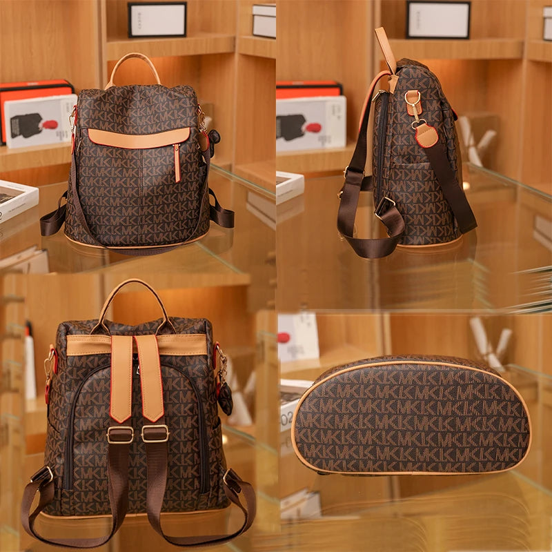Cartoon trend bear print women backpack, texture anti-theft all-in-one travel backpack, playful bear hanging ornaments