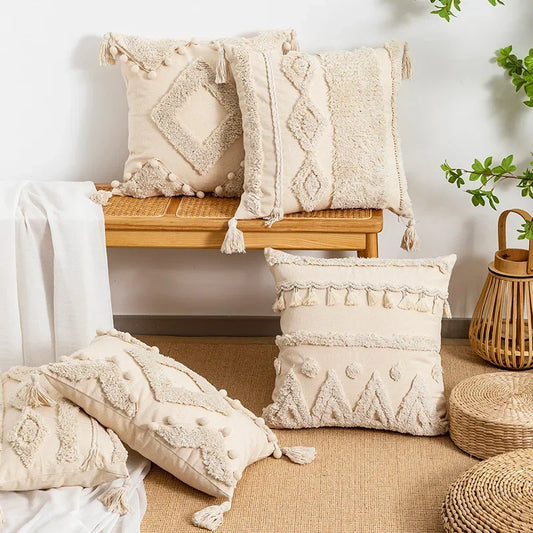Tufted Beige Embroidered Linen /Polyester Tasseled Throw Pillows /Sizes -45 x 45cm /30 x 50cm