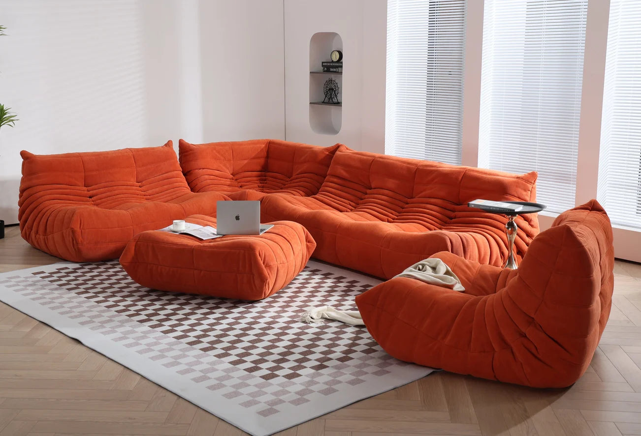 No-EN-Name-Null Modern Armless Soft Plush Orange Upholstered Padded Faux Synthetic Leather Fabric Cushions Caterpillar Bean Bag Chairs/Colors-Orange/White/Black/Blue/Pink/Gray