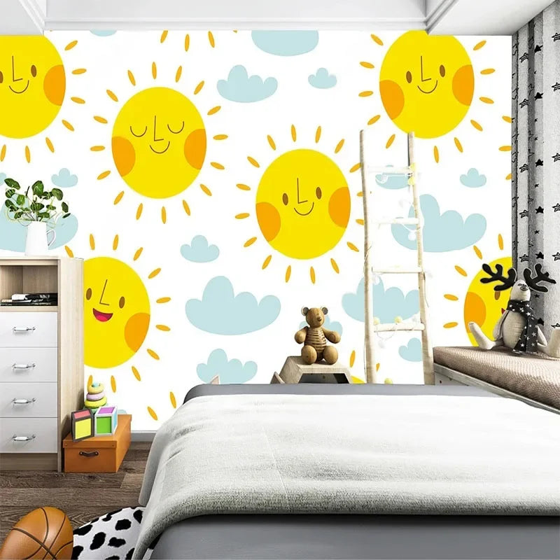 JIADOU Waterproof Custom Printed 3D Embossed Cartoons-Animals-Clouds-Sun-Starry-Sky-Nature Wood Fiber Wallpaper /Colors-Yellow/Blue/Multicolor/Animal/Requires Paste