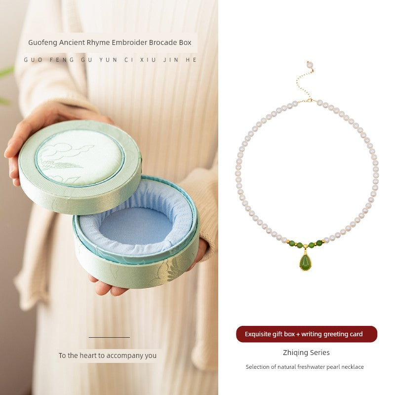 MOUNTAIN RULER Adult Women Fine Imitation Sterling Silver Metal White Mother-Of-Pearl Beads-Natural Green Gourd Jade Pendant Clavicle Chain Necklaces