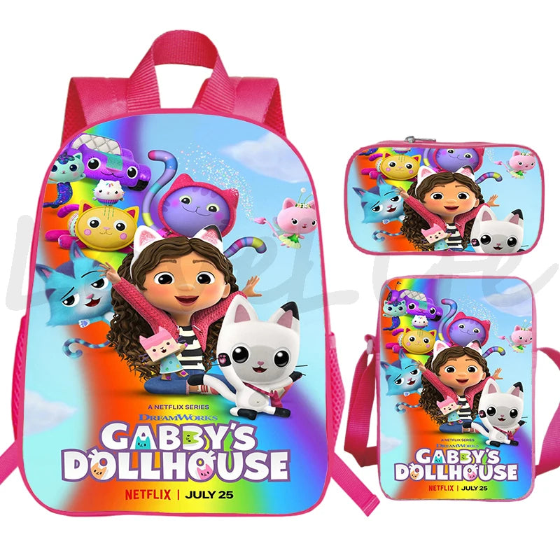 JUNBIE Kids Waterproof Pink Nylon Fabric Cute Cartoon Gabby's Dollhouse Design Zippers Curve Back Shoulder Straps-Handle Built-In Laptop Compartment External Pockets Backpacks/Colors-Pink/Multicolor
