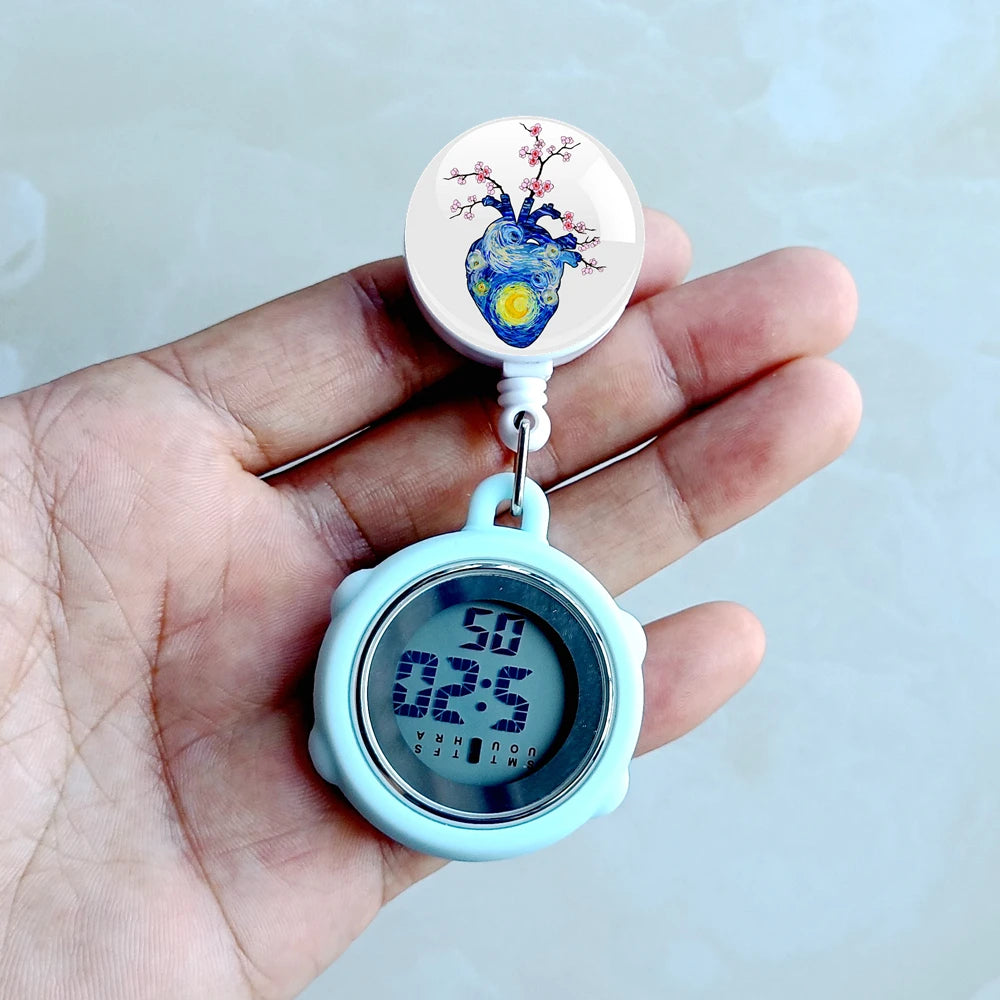 No-EN-Name-Null Waterproof Black Plastic Round Cover Glass Face Digital Display Retractable Printed Floral Anatomical Designs Nurse-Doctor Hanging Metal Alloy Fob Pocket Watches/Colors-Black/White/Pink/Blue