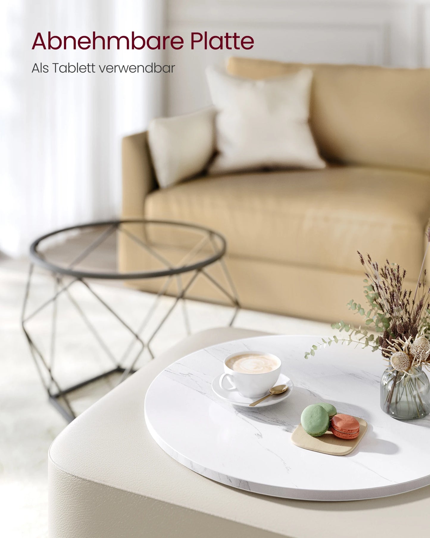 VASAGLE 2 PCS Modern Round Shaped White Marble Top Black Veins Black Steel Frame Coffee Tables Sets /Big Table: 50cm D x 40cm H/Small Table: 40cm D x 36cm H/Weight: 20kg