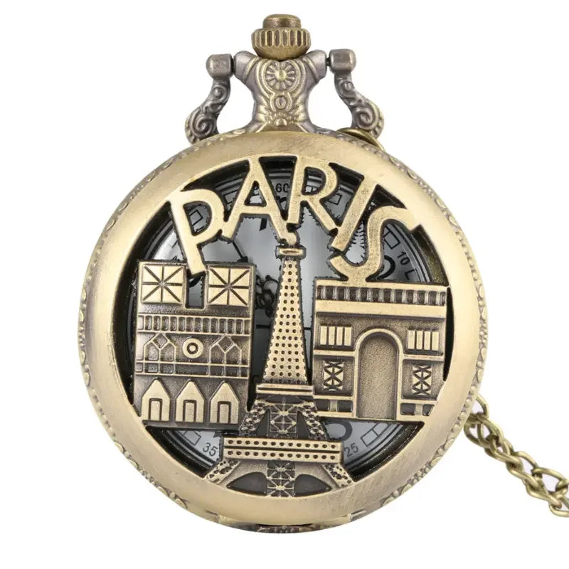 WECIN Adults Quartz Analog Display Glass Face Arabic Numeral Hollow-Out Bronze Round Shaped Metal Alloy Case Paris-Eiffel Tower-Notre Dame-LE LOUVRE Design Chain-Pocket Watches