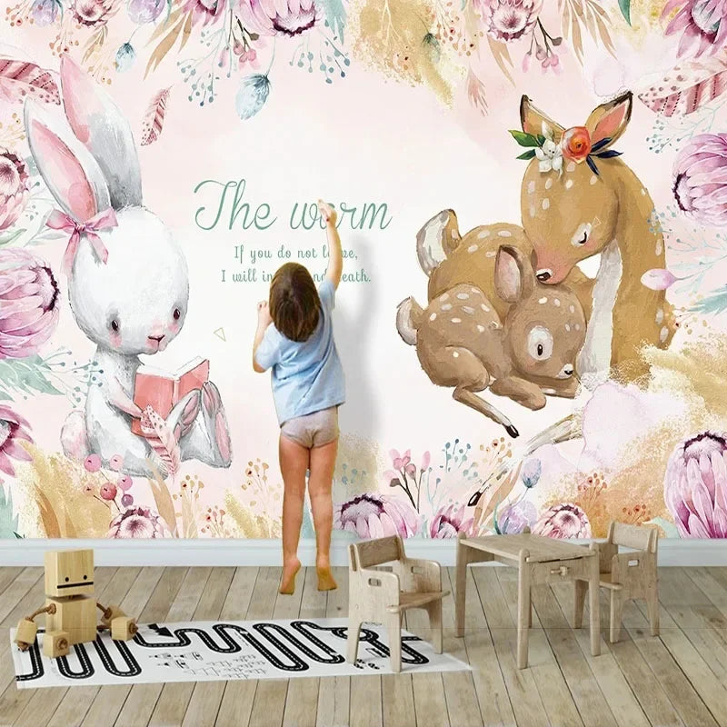 JIADOU Kids Waterproof Canvas Custom 3D Printed Mural Pink Flowered Background White Bunny Reading A Book To Two Deer Laying Down On The Ground Listening To The Stories Design Wallpaper/Requires Paste