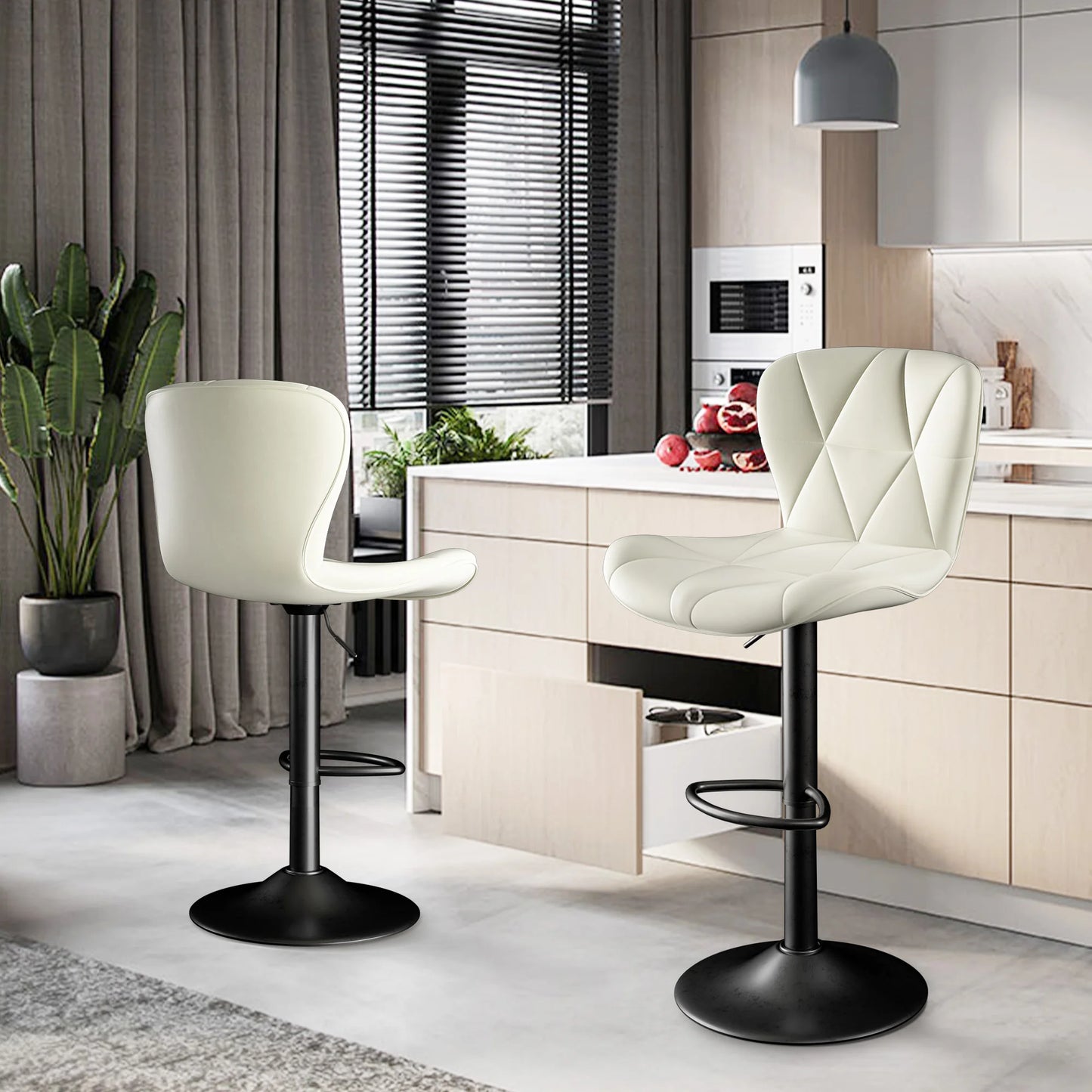 No-EN-Name-Null 2 PCS Waterproof Low Backrest Armless Upholstered Padded Shell Shaped Soft Faux Leather Fabric Seat Cushion Black Metal Round Base-Footrest Bar Kitchen-Dining Room Chair Sets /Colors-White/Beige/Gray/Black/Brown
