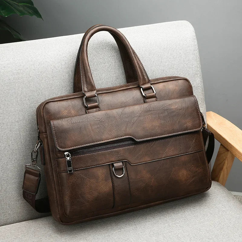 No-EN-Name-Null Men Waterproof Brown-Black Soft Faux Leather Rectangle Shaped Suitcase Padding Interior Polyester Lining Metal Zipper External Pockets Two Handles-Detachable Shoulder Straps External Pockets Built-In Laptop Compartment Business Briefcases