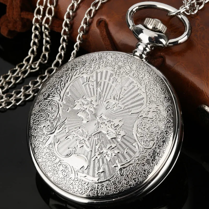WECIN Adults Quartz Glass Face Metal Round Arabic Numeral On Front Blue Sea-Bronze Stars-Half Moon-Sun Inlaid Pearl-Geometric Silver Back Design Pendant Chain-Pocket Watches/Colors-Blue/Silver/Gold/White/Geometric
