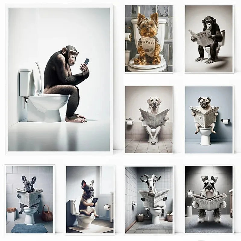 No-EN-Name-Null Modern Waterproof Handprinted Unframed Canvas Rectangle Shaped Abstract Funny Humorous Animals Bathroom Human-Like Sitting On The Toilet Wall Art Prints /Colors-White/Multicolor/Animals/Gray