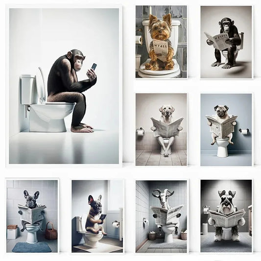No-EN-Name-Null Modern Waterproof Handprinted Unframed Canvas Rectangle Shaped Abstract Funny Humorous Animals Bathroom Human-Like Sitting On The Toilet Wall Art Prints /Colors-White/Multicolor/Animals/Gray