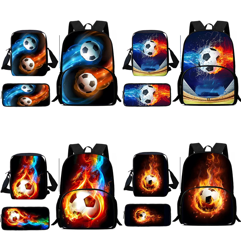 MINISO Kids 3 PCS Large Waterproof Nylon Fabric Zippers Exterior Pockets Printed-Burning Flames Soccer Ball Design Curved Back Shoulder Straps-Handle Sports IPAD Compartment School Backpacks/Color-Black/White/Blue/Multicolor