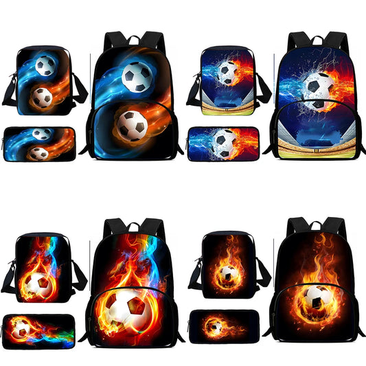 MINISO Kids 3 PCS Large Waterproof Nylon Fabric Zippers Exterior Pockets Printed-Burning Flames Soccer Ball Design Curved Back Shoulder Straps-Handle Sports IPAD Compartment School Backpacks/Color-Black/White/Blue/Multicolor