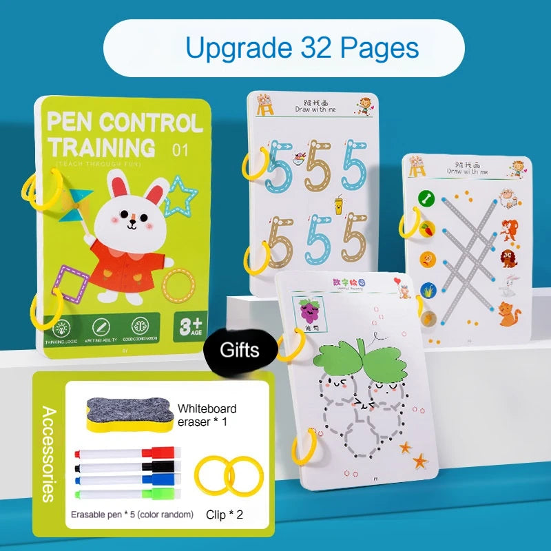 BORRENCE Kids Four Themes Plastic Early Education Fun Magical Pen Control Exercise Practice Tracing Reusable Interactive Reading Geometric Multicolor Cardboard Copybooks Reading Toys /Ages: 3 Years Old-Older