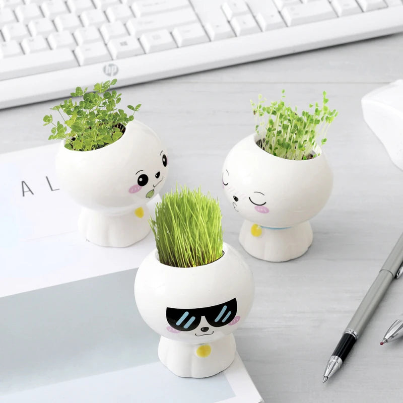 No-EN-Name-Null Indoor Mini Unglazed Ceramic White Cute Cartoon Doll Face Design Desktop Succulent Flower Pots Planters /Colors-White/Black/Yellow/Pink/Green
