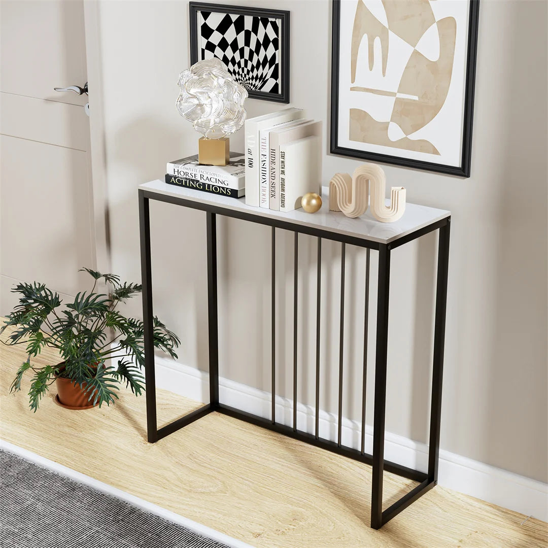 LUVODI Modern Rectangle Shaped White Sintered Stone Top Black Iron Metal Base Door Entry Console Tables/Colors-White Emerald /White/Product Dimension: L x W x H 80x30x78.5cm/ 31.49x11.81x30.90inches